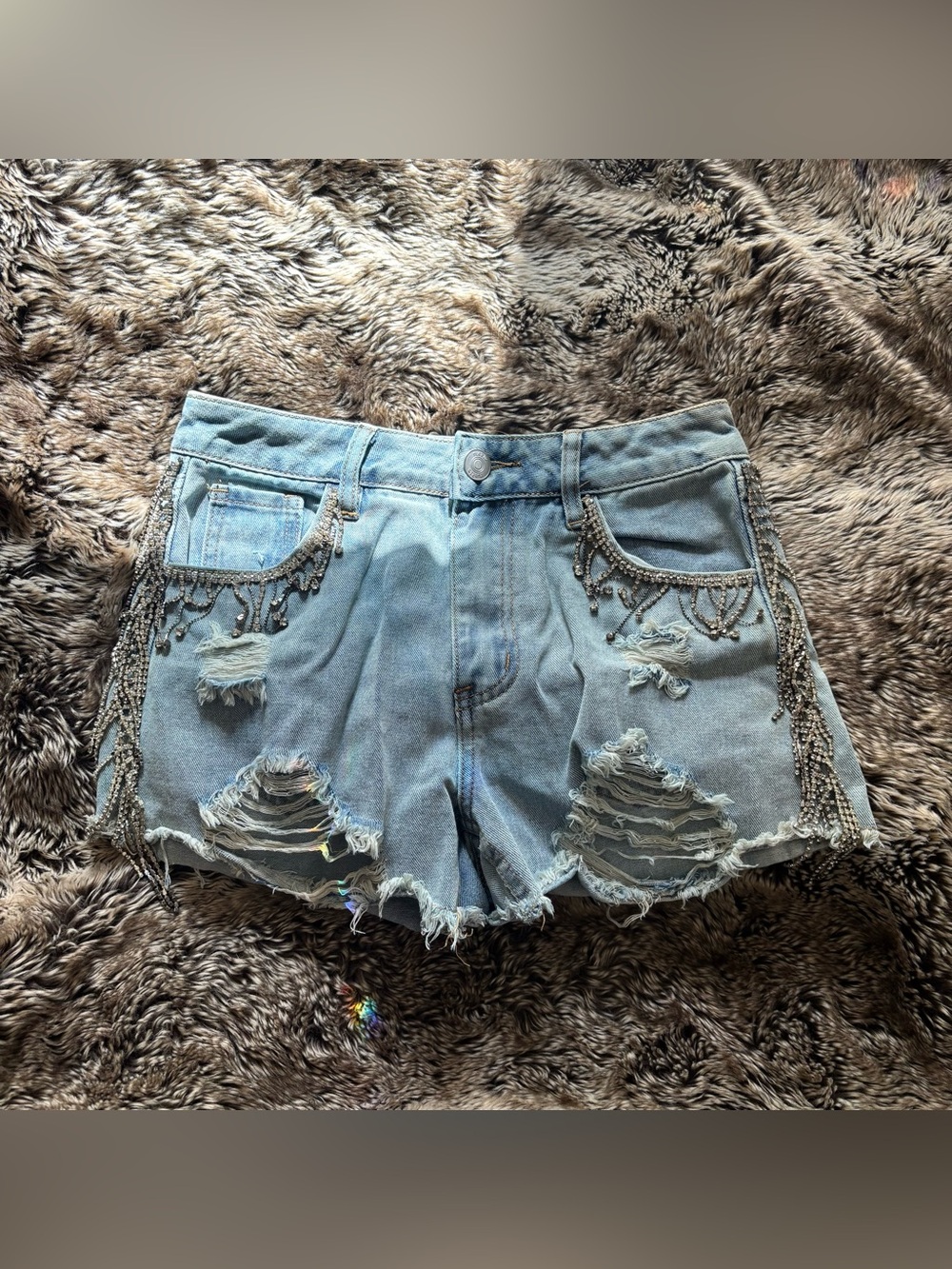 Rue21 Light Blue Distressed Denim Shorts with Rhinestone Fringe